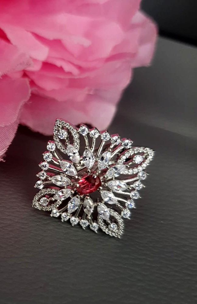 Rhodium Plated In Red Stone Ring.