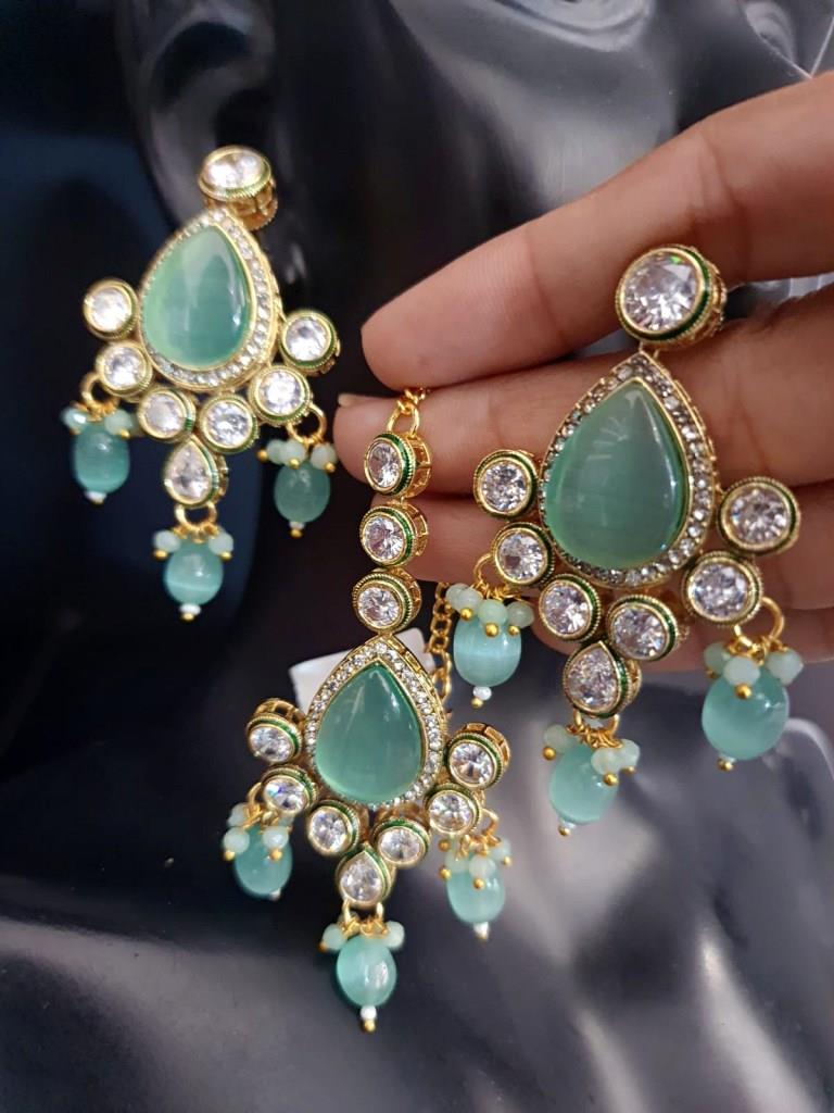 Gold Plated Aqua Polki Kundan Earrings.