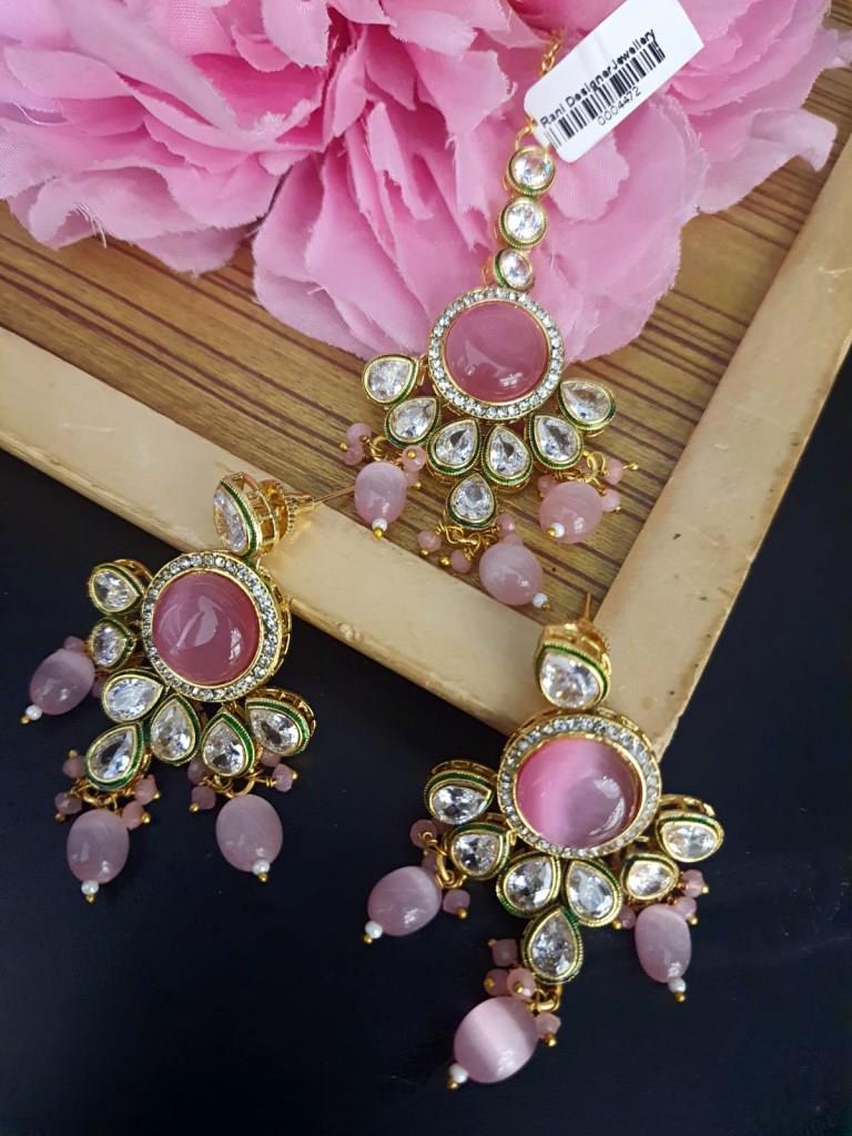 Gold Plated Baby Pink Polki Earrings.