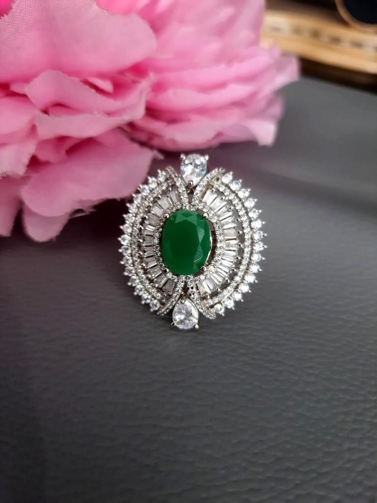 baguette And CZ Diamond With Green Stone Finger Ring.