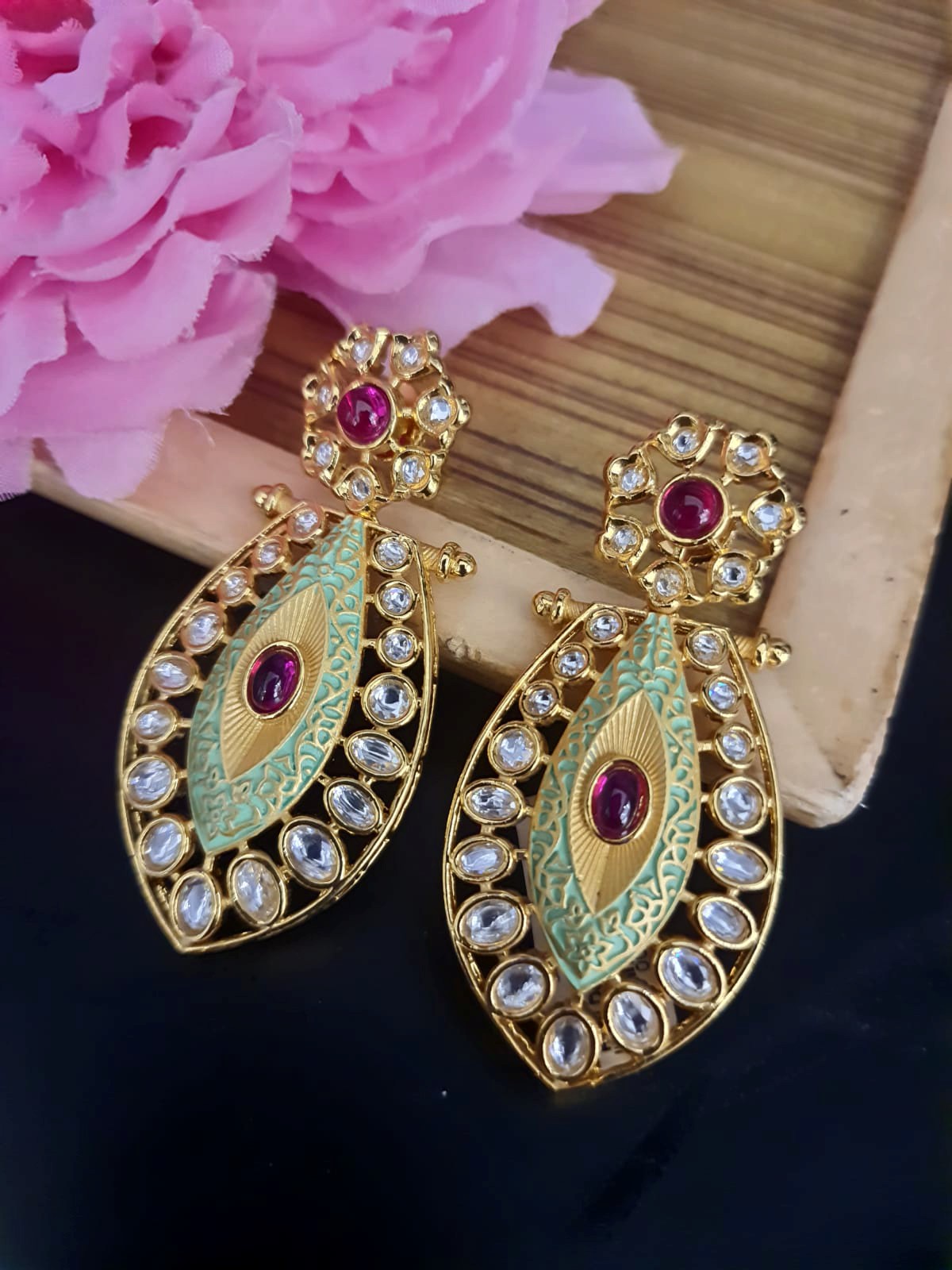 Green Minakari Kundan Earrings.