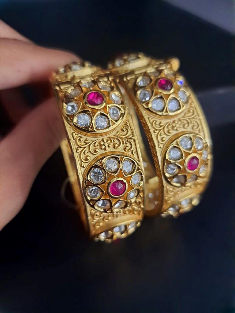 One Gram Gold Polki Kundan Antique Bangles.